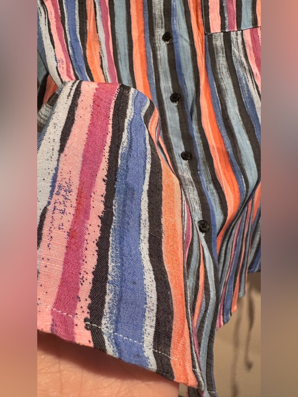 Daily Thread Multicolor Striped Button Down Top Ruched Tie Sleeves Rayon Blend L - Picture 9 of 14